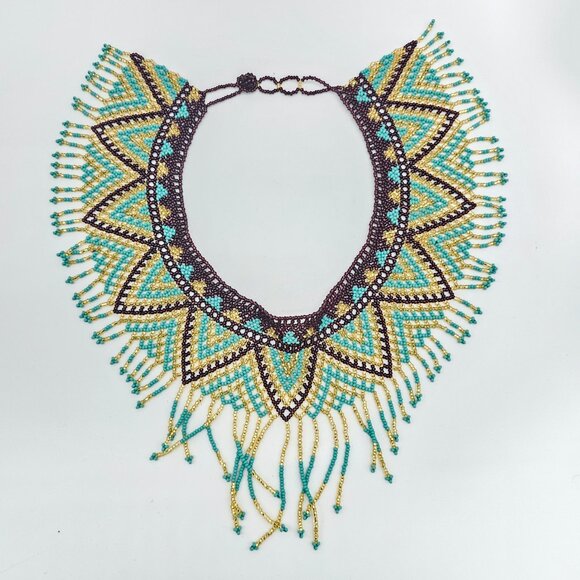 Huichol Beaded Collar Necklace| Handmade Purple, Turquoise & Gold – New from Mex - Picture 8 of 16
